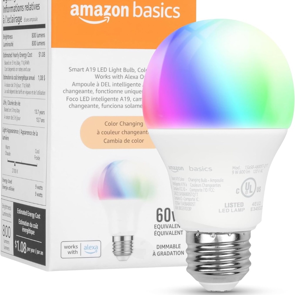 Amazon Basics Smart A19 LED Light Bulb, Color Changing, 9W Works w/ Alexa - 1pck